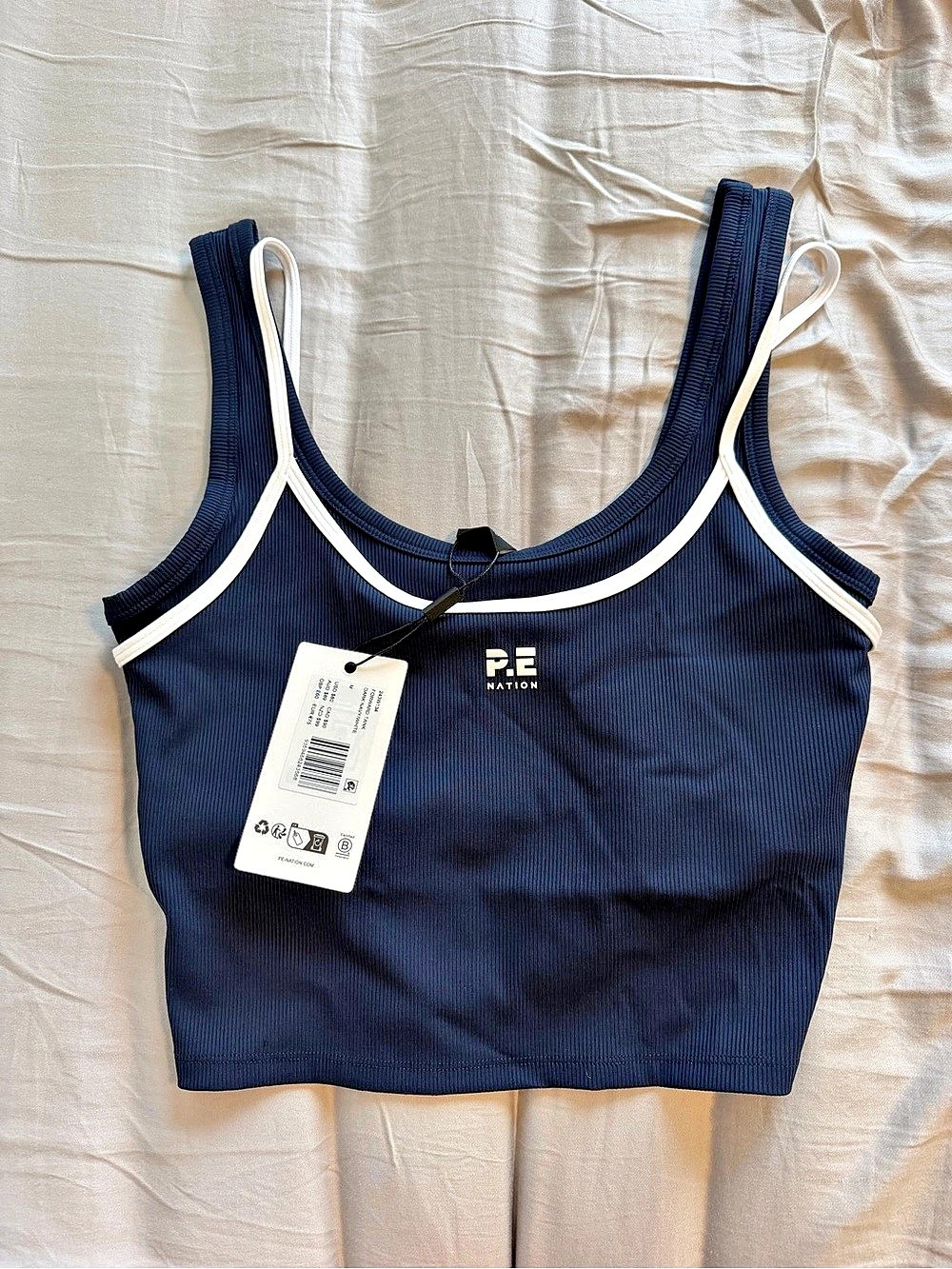 P.E Nation Forward Tank Women's Ribbed Crop Top Blue & White NWT